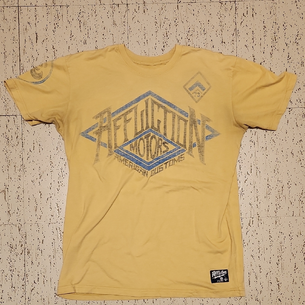 Affliction American Customs Yellow Spellout Logo Full Graphic T Shirt